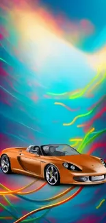 Orange sports car amid vibrant neon waves on a dynamic turquoise background.