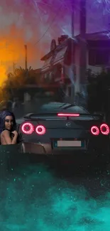 Stylish car in vibrant night cityscape with smoke effects.