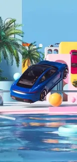 Vibrant blue sports car in tropical setting.