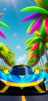 Vibrant sports car driving under colorful palm trees in bright sunlight.