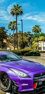 Purple sports car with palm trees and blue sky.