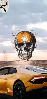 Yellow sports car and skull with dramatic sky.