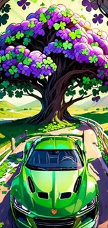 Green car under vibrant purple tree on scenic road wallpaper.