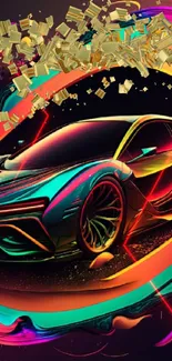 Neon sports car surrounded by vibrant swirls in abstract art.