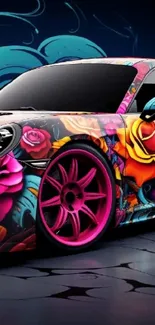 Vibrant graffiti car with colorful roses on dark blue background.