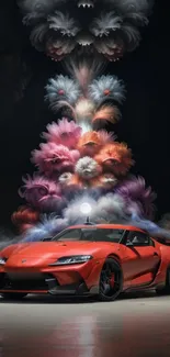 Red sports car with colorful smoke art background.