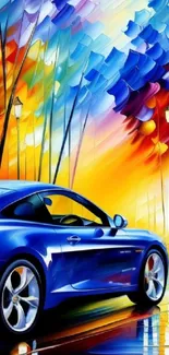 Vibrant car art wallpaper with abstract colors and a sleek blue car.