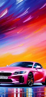 Vibrant sports car with colorful abstract background.