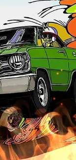 Green retro car in vibrant cartoon style on mobile wallpaper.