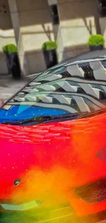 Vibrant sports car with red and multicolored design.