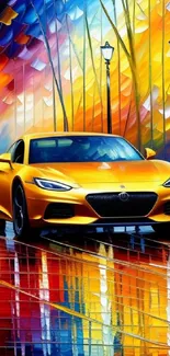 Colorful wallpaper of a yellow sports car with vibrant abstract background.