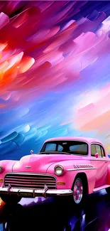 Vibrant wallpaper featuring a pink retro car with a colorful abstract background.