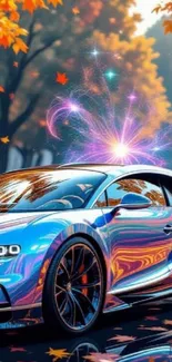 A vibrant sports car in an autumn forest with magical effects.