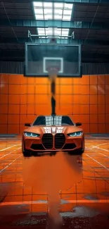 Orange sports car under basketball hoop on a vibrant court.