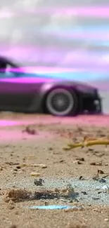 Car on sandy beach with vibrant pastel colors.