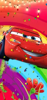 Colorful cartoon race car with rainbow backdrop.