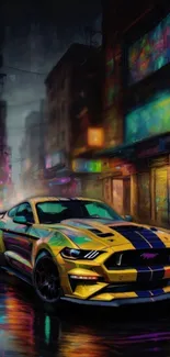 Vibrant yellow sports car in neon-lit cityscape background.