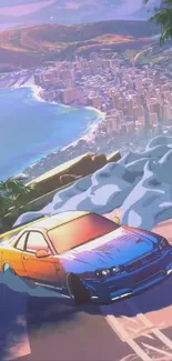 Car drifting on a vibrant coastal city road with a colorful sunset.