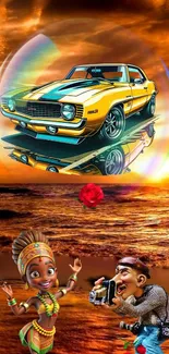 Fantasy art wallpaper with classic car and animated characters in a sunset setting.