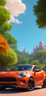 Orange car in a vibrant fantasy landscape with lush trees and a whimsical castle.