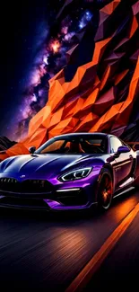 Purple sports car by orange pattern under starry galaxy.