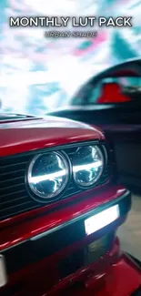 Close-up of vibrant red car headlights with dynamic urban background.