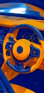 Bold orange and blue car interior wallpaper featuring a steering wheel.