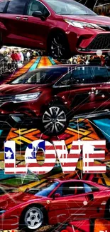 Wallpaper with three cars and love text in vibrant design.