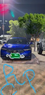 Blue car parked under streetlights with green tree backdrop.