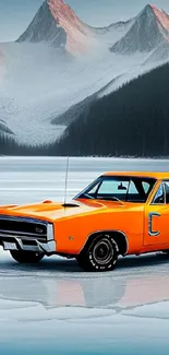 Classic orange car on a serene frozen lake with mountains.