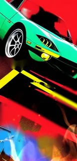 Vibrant car racing wallpaper with flames and geometric patterns on a red background.