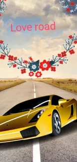 Yellow sports car on open road with floral and sky background.