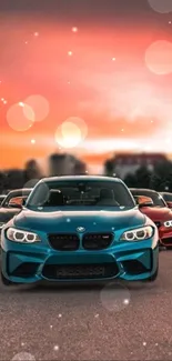 Vibrant cars displayed at sunset with a colorful background.