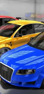 Vibrant showroom with colorful cars in blue, yellow, and red hues.