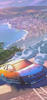 Colorful car drifting above a coastal cityscape.