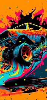 Vibrant car splash art wallpaper in orange and multicolors.