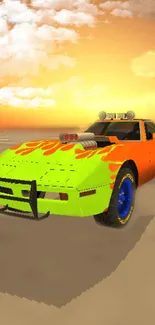 Bright car with orange and green hues against a sunset.