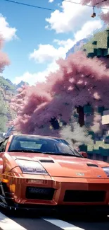 Orange sports car amid cherry blossoms in pixel art style.