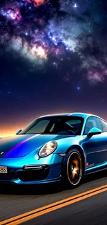 Vibrant blue sports car under a starry night sky background.