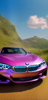 Vibrant pink car on a scenic countryside road with green hills.