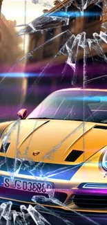 Vibrant sports car racing with broken glass effect, set in a city background.