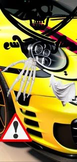 Yellow sports car with skeleton hand and ghost overlay, vibrant and edgy design.