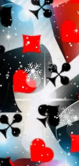 Vibrant phone wallpaper with card suits and snowflakes in red, black, and white.