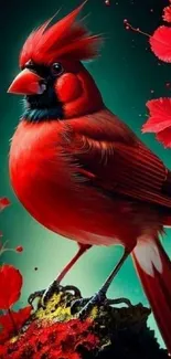 Vibrant cardinal bird on green background with red flowers.