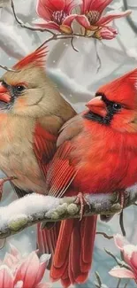 Two vibrant cardinals perched on a snowy branch.