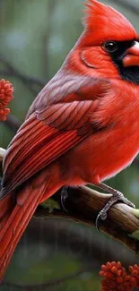 Red cardinal perched with vivid feathers.