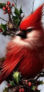 Red cardinal perched on holly branches against winter background.