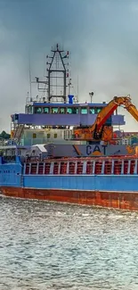 A vibrant cargo ship on water under a light blue sky.