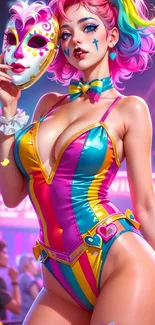 Colorful fantasy art of a character with mask in vibrant carnival setting.