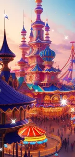 Vibrant fantasy carnival scene with colorful architecture and lights.